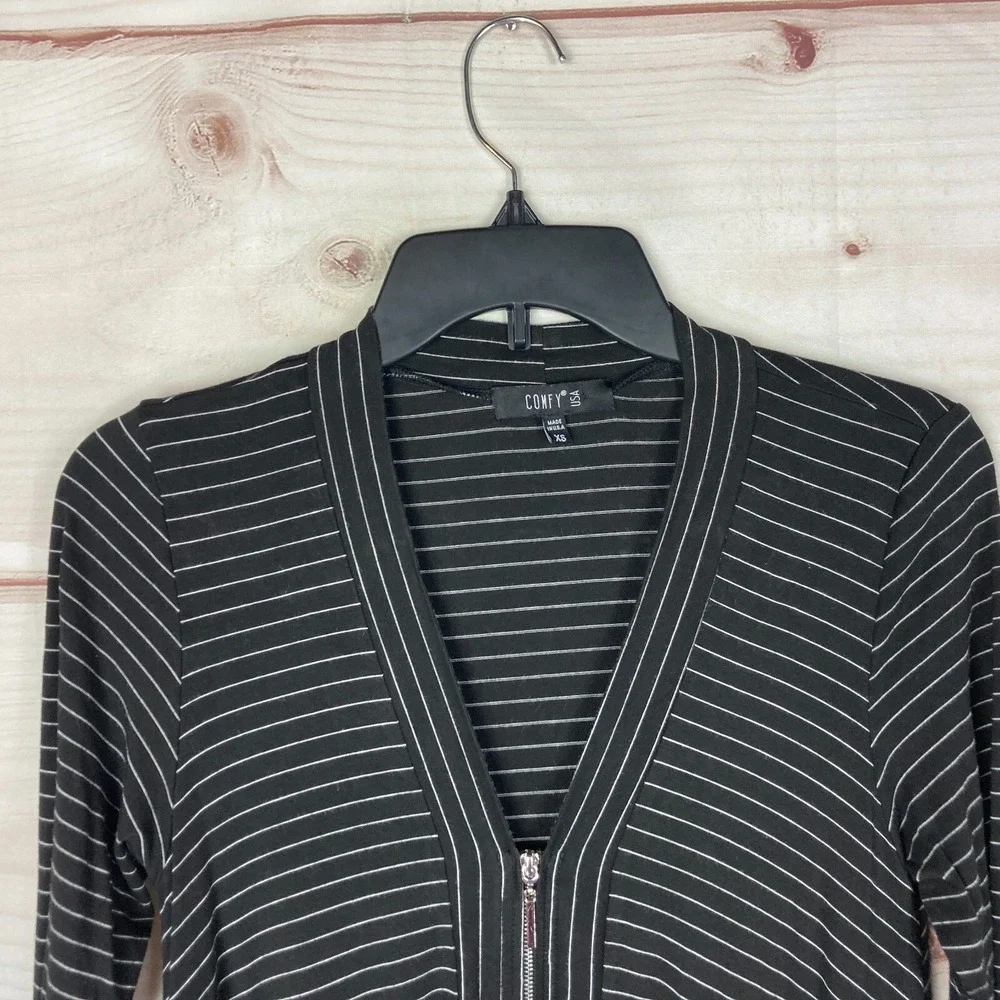 Comfy USA Cardigan Womens XS Black‎ White Striped Zip Front V-Neck Long Sleeve